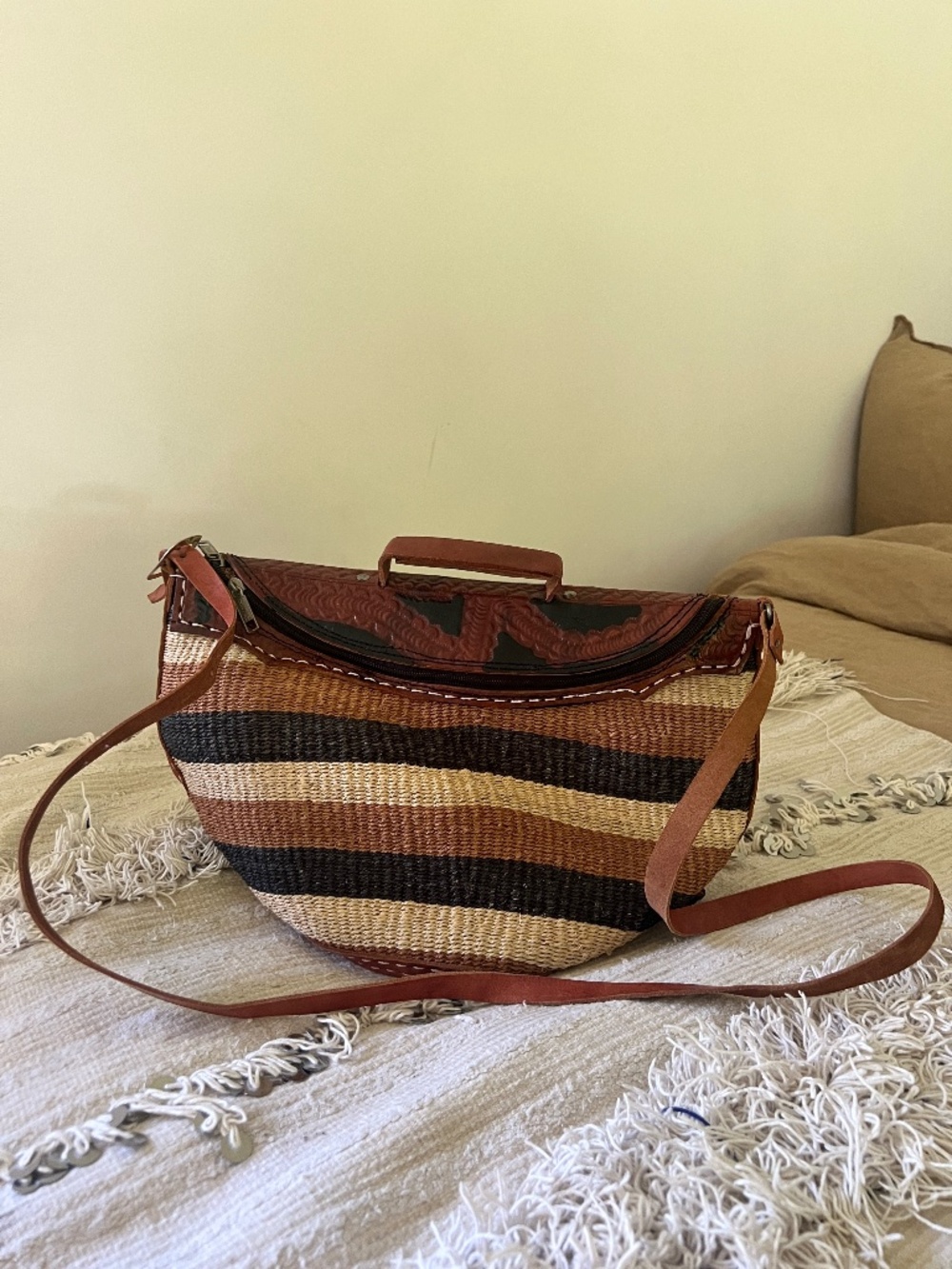 Vintage Hand-Tooled Leather Woven Bucket Bag Purse | Brown Tan, Black Stripe